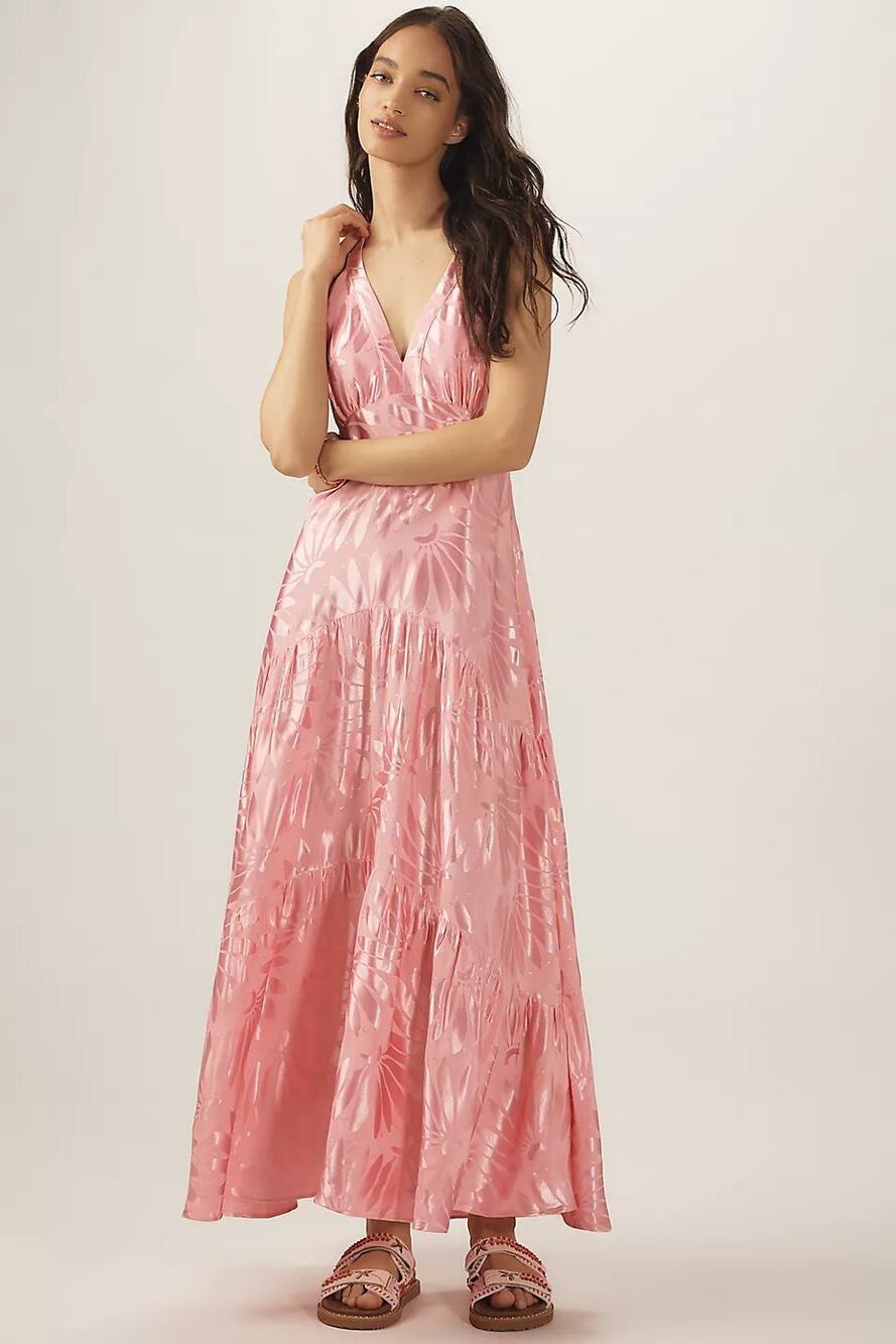 NEW Farm Rio x Anthropologie V-Neck Tiered Maxi Dress Pink Size Large